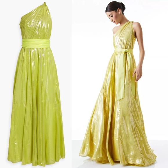 Alice & Olivia Milan One-Shoulder Gathered Metallic Gown in Lemon Sorbet - 4 - Picture 7 of 15